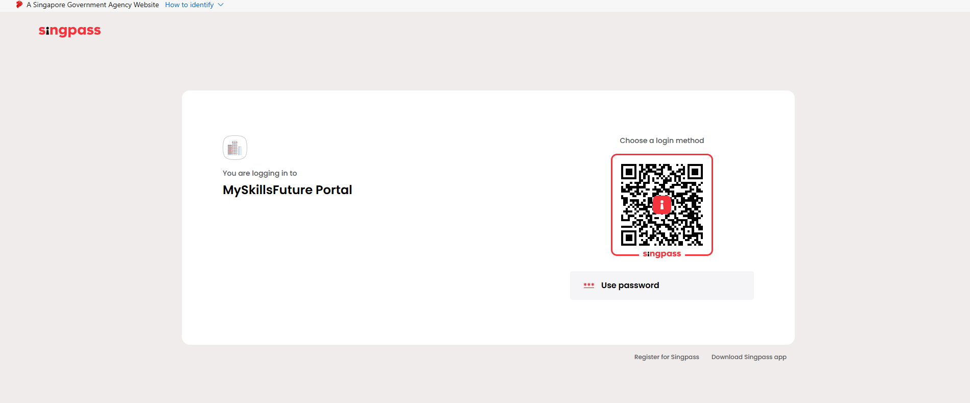 Singpass login screen for the MySkillsFuture Portal