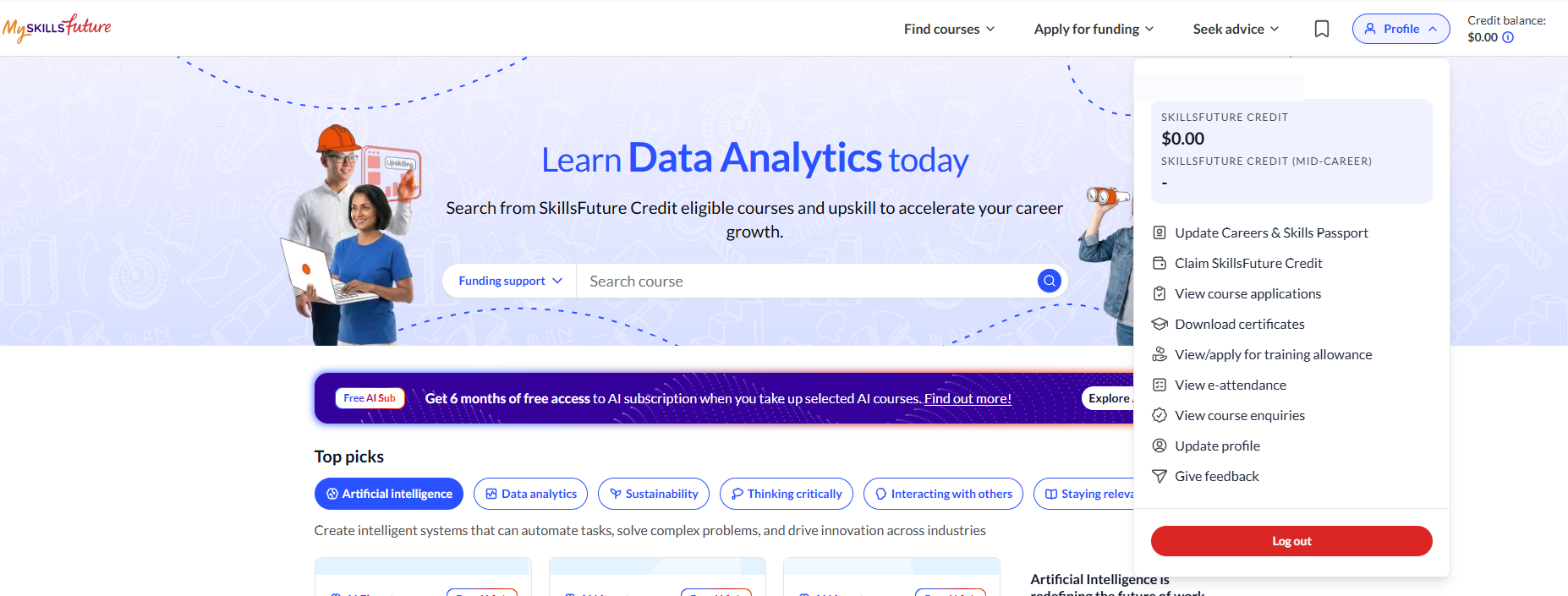 MySkillsFuture Profile menu with the Claim SkillsFuture Credit option