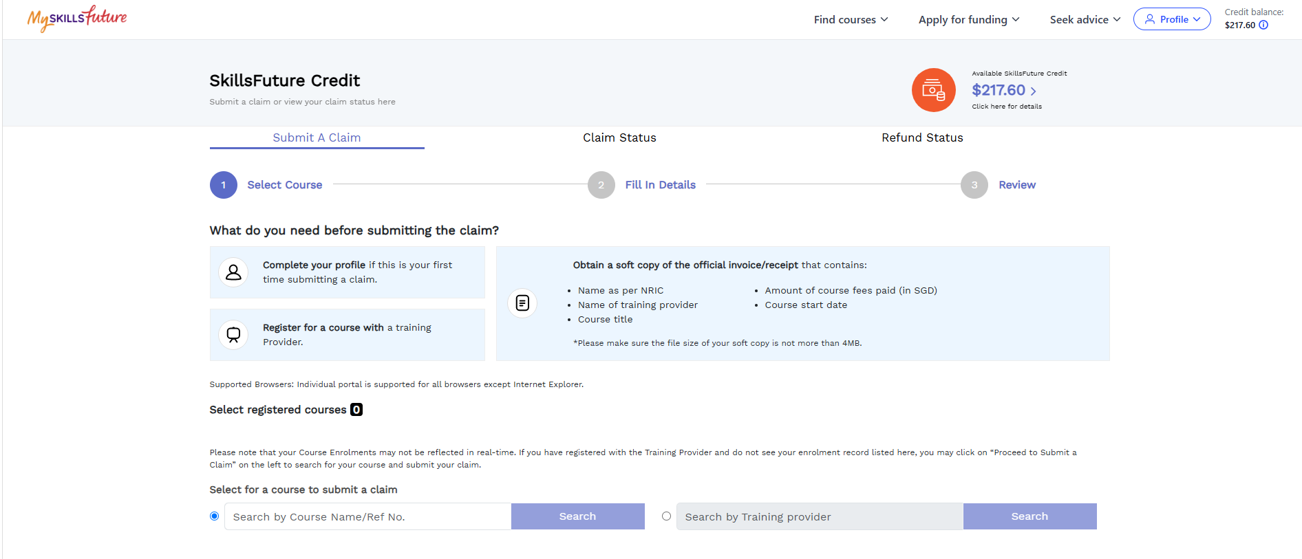 Submit A Claim page: search by course name, reference number or training provider
