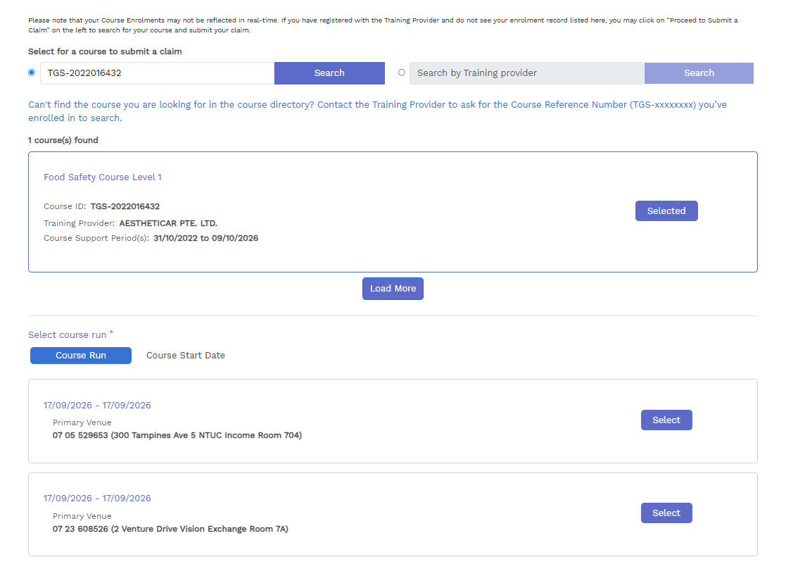 Course search result and course run date selection