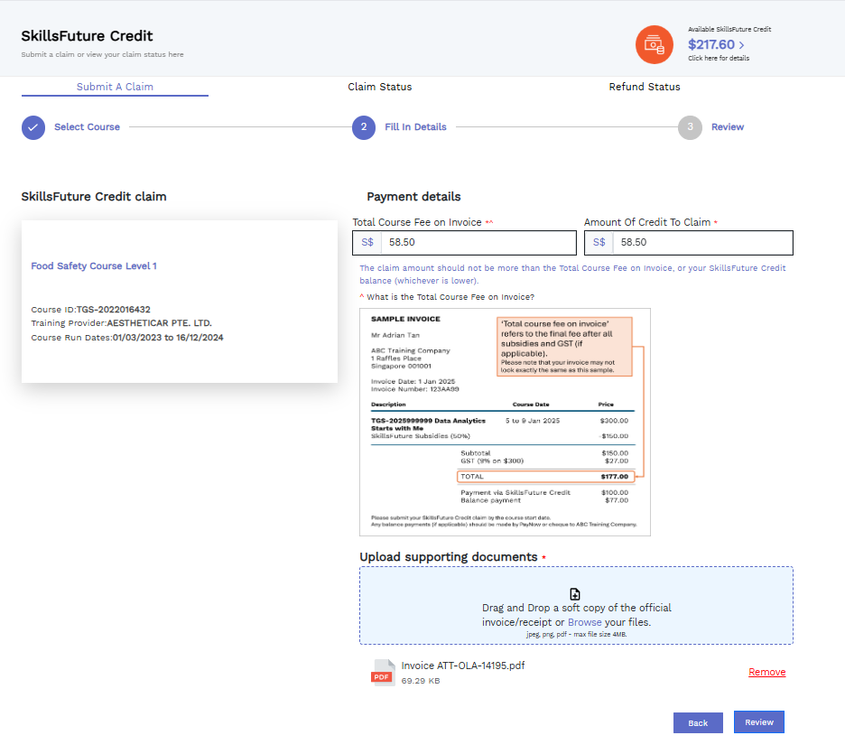 Claim details form: credit amount, course fee and supporting document upload