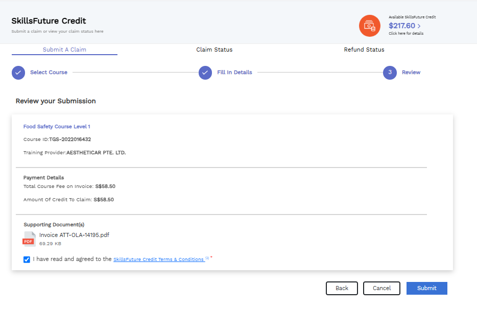 Review claim submission and agree to the terms before submitting